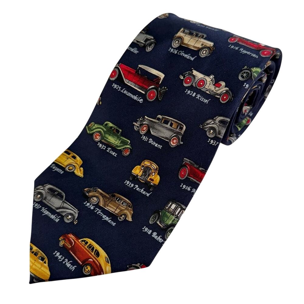 Alynn Neckwear Antique Cars Silk‎ Tie Adjustable Pointed Blue Mens One Size